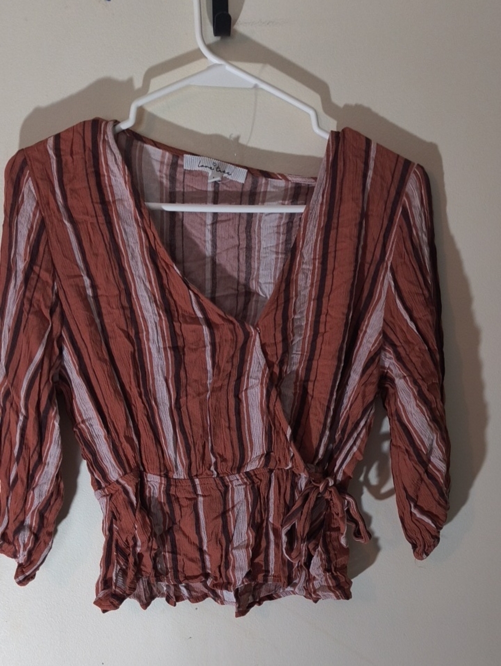 Love Tree Rust and White Striped Wrap Crop Top